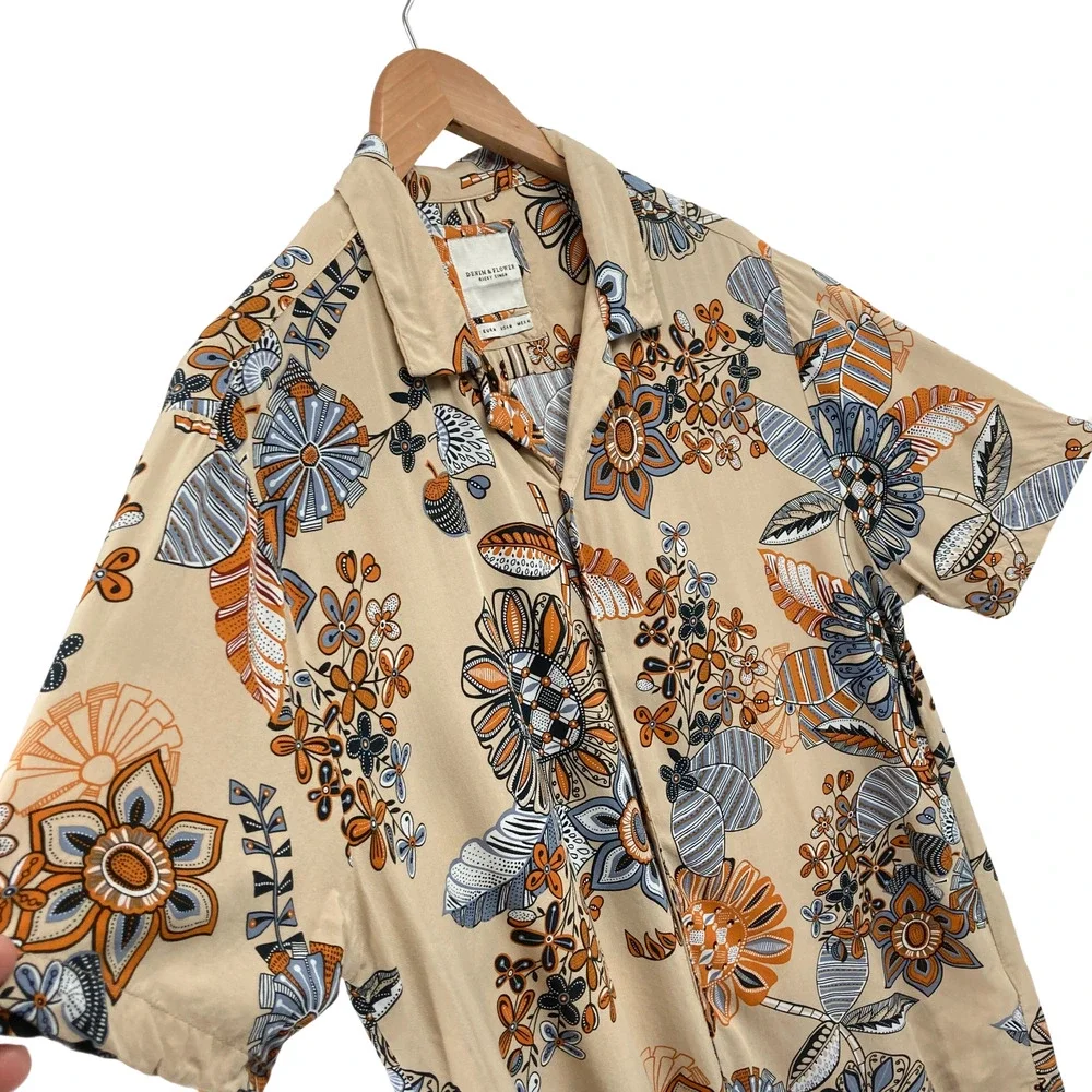 Denim & Flower Ricky Singh Floral Print Button Down Shirt Medium Men's Viscose